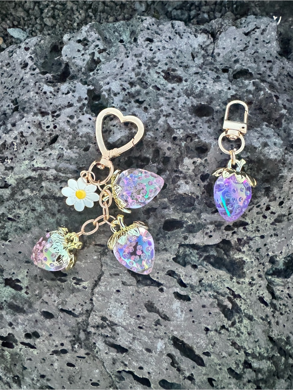 2-Piece Iridescent Strawberry Bag Charm Keychain Set Pink Gold